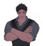  1boy bara collared_shirt crossed_arms dark-skinned_male dark_skin eyeshadow forearms looking_to_the_side makeup male_focus multiple_scars muscular muscular_male original pectoral_cleavage pectorals scar shirt short_hair solo thick_eyebrows tsurime upper_body yotti 