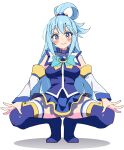  1girl aqua_(konosuba) bare_shoulders beads blue_eyes blue_footwear blue_hair blue_skirt blush_stickers boots brooch commentary detached_sleeves full_body hair_beads hair_ornament hair_rings hands_on_own_knees highres jewelry kono_subarashii_sekai_ni_shukufuku_wo! long_hair long_sleeves looking_at_viewer noyama_takenoko simple_background skirt smile solo spread_legs squatting thigh_boots thighhighs thighhighs_under_boots tiptoes very_long_hair white_background white_thighhighs 