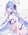  1girl absurdres alternate_costume aqua_eyes bare_arms bare_shoulders blue_choker blue_hair bra breasts choker hair_ornament halo head_wings highres honkai:_star_rail honkai_(series) large_breasts long_hair looking_at_viewer paid_reward_available panties parted_lips qiandaiyiyu robin_(honkai:_star_rail) simple_background sitting solo thighhighs thighs underwear very_long_hair white_background white_bra white_panties white_thighhighs wings 