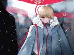  3girls 82jhin absurdres blonde_hair blue_archive breasts buttons closed_mouth coat coat_on_shoulders fur-trimmed_coat fur_hat fur_trim halo hat highres jacket large_breasts marina_(blue_archive) multiple_girls red_halo red_winter_guard_(blue_archive) short_hair snow solo_focus ushanka white_coat white_hat white_jacket yellow_eyes 