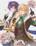  3boys :p ;p arm_hug aventurine_(honkai:_star_rail) belt_collar black_gloves blonde_hair blue_hair book bracelet chalk chibi chibi_inset cleavage_cutout clothing_cutout coat collar collared_shirt cowboy_shot dr._ratio_(honkai:_star_rail) earrings fur_scarf gloves hair_between_eyes hair_ornament halo head_wings highres holding holding_book holding_chalk honkai:_star_rail honkai_(series) jewelry leaf_hair_ornament male_focus meronppaii middle_finger multiple_boys multiple_rings neck_tattoo one_eye_closed open_mouth ring shirt sparkle sunday_(honkai:_star_rail) tattoo thigh_strap tongue tongue_out waistcoat wings yaoi yellow_eyes 