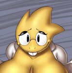  alphys anthro big_breasts breasts buckteeth clothing coat eyewear female glasses hi_res lab_coat orangejuicemann round_glasses signature sleeveless_shirt solo tagme teeth tongue tongue_out topwear undertale_(series) 
