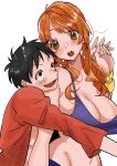  1boy 1girl armpit_crease azuki_sena bangle bare_shoulders black_eyes black_hair blush bracelet breasts cleavage commentary_request crop_top hand_up highres hug hug_from_behind jewelry large_breasts long_hair looking_at_viewer midriff monkey_d._luffy nami_(one_piece) one_piece open_clothes open_mouth open_shirt orange_eyes orange_hair purple_tank_top red_shirt shirt short_hair tank_top upper_body wavy_hair white_background 