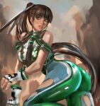 1girl ass black_hair blunt_bangs bodysuit breasts brown_eyes eve_(stellar_blade) fingerless_gloves gloves green_bodysuit highres long_hair looking_at_viewer multicolored_bodysuit multicolored_clothes orion-m planet_diving_suit_(7th)_(stellar_blade) ponytail silver_bodysuit skin_tight solo stellar_blade thighs very_long_hair 