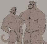  2021 abs absurd_res accessory anthro beard body_hair brown_body brown_fur bulge chest_hair clothing detailed_bulge digital_media_(artwork) duo facial_hair felid final_fantasy final_fantasy_xiv fur genital_outline genitals hair headband hi_res hrothgar larger_anthro larger_male looking_at_another male mammal manly melaisen monochrome muscular muscular_anthro muscular_male nipples pecs penis penis_outline size_difference sketch smaller_anthro smaller_male solo square_enix standing underwear 