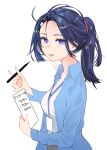  1girl :d blue_hair blue_shirt blush breasts collared_shirt from_side hair_between_eyes hair_tie hand_up hashtag-only_commentary holding holding_paper holding_pen ive_(stellive) lanyard long_hair long_sleeves looking_at_viewer looking_to_the_side medium_breasts open_clothes open_mouth open_shirt paper pen ponytail purple_eyes shirt sideways_glance simple_background smile solo stellive talnory teeth thick_eyelashes translation_request upper_body upper_teeth_only white_background white_shirt 