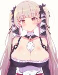  1girl absurdres arbiter1 azur_lane bare_shoulders between_breasts black_dress blush breasts cleavage dress earrings feather_dress formidable_(azur_lane) frilled_dress frills grey_hair hair_ribbon highres jewelry large_breasts long_hair looking_at_viewer necktie necktie_between_breasts red_eyes ribbon simple_background solo twintails two-tone_dress two-tone_ribbon upper_body very_long_hair white_background 
