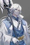  1boy blue_eyes coat facial_mark forehead_mark grey_background heterochromia highres long_hair looking_at_viewer male_focus short_hair solo tian_lang_(tower_of_fantasy) tower_of_fantasy upper_body very_long_hair weapon white_coat white_hair 