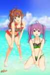  22/7 2girls ahoge bikini blue_sky brown_eyes brown_hair bxtbsy7q76gxh73 collarbone crab fang frilled_bikini frills full_body hair_ornament hands_on_own_knees highres leaning_forward long_hair looking_at_viewer multicolored_bikini multicolored_clothes multiple_girls navel ocean open_mouth outdoors purple_eyes purple_hair side_ponytail sitting sky smile swimsuit toda_jun tojo_yuki twintails wariza 