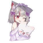  &gt;_&lt; 1girl 1other :3 :d absurdres aged_down animal_ear_fluff animal_ears bare_shoulders blush blush_stickers bob_cut bow cat cat_girl colored_inner_animal_ears cropped_torso dot_nose fang frilled_hairband frilled_shirt frills grey_hair hair_bow hair_intakes hairband hashtag-only_commentary heart heart_in_mouth highres hug lkjun_(jg010118) long_sleeves maro_(neneko_mashiro) multicolored_hair neneko_mashiro one_eye_closed open_mouth purple_bow purple_shirt raised_eyebrow red_eyes red_hair shirt short_hair simple_background smile solo stellive streaked_hair teeth thick_eyelashes turning_head virtual_youtuber white_background white_cat 