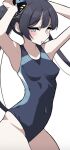  adjusting_hair alternate_costume armpits arms_up black_hair blue_archive blue_one-piece_swimsuit breasts butterfly_hair_ornament competition_swimsuit covered_navel cowboy_shot grey_eyes hair_bun hair_ornament highleg highleg_swimsuit highres kisaki_(blue_archive) light_blush long_hair looking_at_viewer miya_(myagi_0131) mouth_hold one-piece_swimsuit sidelocks simple_background small_breasts swimsuit twintails white_background 