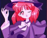  1990s_(style) 1girl ;d bow capelet dress hanadi_detazo hat hat_bow kirisame_marisa kirisame_marisa_(pc-98) long_sleeves one_eye_closed open_mouth purple_dress red_eyes red_hair retro_artstyle short_hair smile story_of_eastern_wonderland textless_version touhou touhou_(pc-98) white_bow witch_hat 