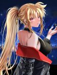  1girl blonde_hair blurry blurry_background breasts earphones fate_testarossa floating_hair from_side highres large_breasts long_hair long_sleeves looking_at_viewer looking_to_the_side lyrical_nanoha mahou_shoujo_lyrical_nanoha mahou_shoujo_lyrical_nanoha_strikers night open_mouth outdoors ponytail red_eyes sideboob solo sougetsu_izuki upper_body very_long_hair 