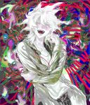  1boy ^_^ abstract_background black_pants blush closed_eyes collarbone commentary_request cowboy_shot crazy crossed_arms danganronpa_(series) danganronpa_2:_goodbye_despair green_jacket highres hood hood_down hooded_jacket jacket komaeda_nagito laughing male_focus messy_hair multicolored_background open_clothes open_jacket open_mouth pale_skin pants self_hug shirt smile solo teeth upper_teeth_only wenzhushiciben white_hair white_shirt 