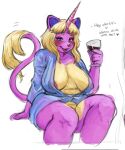 1_horn 2023 5_fingers aged_up alcohol anthro areola areola_slip bangs beverage big_breasts black_text blonde_eyebrows blonde_hair blue_clothing blue_eyes blue_inner_ear blue_robe blush breasts claws clothed clothing collarbone colored_sketch container cup dialogue domestic_cat drinking_glass drunk english_text equid equine eyebrows eyelashes felid feline felis female female_anthro finger_claws fingerpads fingers fur glass glass_container glass_cup hair half-closed_eyes heart_symbol hi_res holding_wine_glass horn hybrid itsymitsy long_hair looking_at_viewer mammal mature_anthro mature_female mitsy_(itsymitsy) multicolored_body multicolored_fur mythological_creature mythological_equine mythology narrowed_eyes nipples open_mouth partially_clothed partially_clothed_anthro partially_clothed_female pawpads pink_areola pink_body pink_claws pink_ears pink_fur pink_horn pink_nipples pink_tail red_nose red_tongue robe robe_only sagging_breasts sitting sketch slightly_chubby slightly_chubby_anthro slightly_chubby_female snout solo substance_intoxication tail tail_tuft talking_to_viewer teeth term_of_endearment text tongue translucent translucent_clothing translucent_robe tuft two_tone_body two_tone_fur two_tone_tail unicorn unicorn_horn wine wine_glass yellow_body yellow_fur yellow_tail yellow_tail_tuft