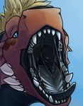  2016 black_scales black_tongue blonde_hair blue_background blue_eyes digital_media_(artwork) dragon fangs feral front_view gaping_mouth hair headshot_portrait hi_res male morca morca_(character) mouth_shot multicolored_scales open_mouth portrait red_scales saliva scales scalie simple_background snout solo spikes teeth tongue two_tone_scales western_dragon 