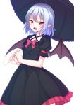  :d alternate_costume bat_wings black_dress blue_hair blush breasts cowboy_shot dress fang hair_between_eyes holding holding_umbrella junior27016 looking_at_viewer no_hat no_headwear open_mouth parasol pointy_ears puffy_short_sleeves puffy_sleeves red_eyes remilia_scarlet short_sleeves small_breasts smile solo touhou umbrella white_background wings 