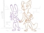  2017 anthro bulletproof_vest canine clothed clothing disney duo female fox gun hand_holding handgun holding_object holding_weapon judy_hopps lagomorph male mammal nick_wilde pistol police_uniform rabbit ranged_weapon restricted_palette rifle simple_background smile tggeko uniform weapon white_background zootopia 