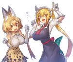  animal_ears blonde_hair blush breasts cat_girl claw_pose commentary_request crossover dragon_girl dragon_tail dress elbow_gloves fang gao gloves highres horns kemono_friends kobayashi-san_chi_no_maidragon large_breasts long_hair looking_at_viewer maid melon22 multiple_girls season_connection serval_(kemono_friends) serval_ears serval_print serval_tail short_hair tail tooru_(maidragon) trait_connection translated twintails yellow_eyes 