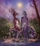  2017 anthro antlers cervine deer duo eyes_closed feline flashw fur grass green_eyes hand_holding horn leopard male mammal nude outside partially_submerged predator/prey sitting sky smile spots spotted_fur sun water white_fur 