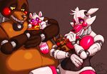  2016 4_fingers ambiguous_gender animatronic anthro baby brown_fur canine claws colored_nails duo eyes_closed fan_character feeding female five_nights_at_freddy&#039;s food fox funtime_foxy_(fnaf) fur group machine male mammal multicolored_fur offspring overweight pink_fur pizza robot simple_background sitting smile tanookicatoon tanuki teeth video_games white_fur yellow_eyes young 