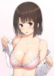  :o bangs blush bra breasts brown_eyes brown_hair cleavage gradient gradient_background katou_megumi large_breasts long_sleeves looking_at_viewer mikazuchi_zeus navel off_shoulder open_mouth ribbon-trimmed_bra saenai_heroine_no_sodatekata short_hair solo underwear undressing upper_body 