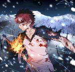  bleeding blood burn_scar burning_hand dark_skin dark_skinned_male emiya_shirou emiya_shirou_(prisma_illya) fate/kaleid_liner_prisma_illya fate_(series) field_of_blades fire from_side hill holding holding_sword holding_weapon injury male_focus multicolored multicolored_hair multicolored_skin night night_sky planted_sword planted_weapon raglan_sleeves red_hair scar sky snow snowing solo streaked_hair sword torn_clothes tsuedzu two-tone_skin unlimited_blade_works upper_body weapon white_hair white_skin yellow_eyes 