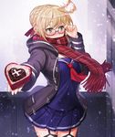  adjusting_eyewear afterimage ahoge ahoge_wag artoria_pendragon_(all) bangs black-framed_eyewear blonde_hair blue_skirt blush box braid breasts chocolate chocolate_heart covered_mouth cowboy_shot expressive_hair eyebrows_visible_through_hair eyelashes fate/grand_order fate_(series) flustered garter_straps glasses goomrrat hair_ribbon heart heart-shaped_box hood hood_down hooded_jacket incoming_gift jacket large_breasts long_hair long_sleeves looking_away miniskirt motion_blur mysterious_heroine_x_(alter) neckerchief outstretched_arm plaid plaid_scarf pleated_skirt red_neckwear red_ribbon red_scarf ribbon scarf scarf_over_mouth school_uniform semi-rimless_eyewear skirt solo triangle under-rim_eyewear valentine wind yellow_eyes 