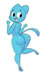  2017 anthro barefoot big_thighs blue_fur breasts butt cartoon_network cat digital_media_(artwork) eyelashes fangs feline fur hatchet-hare mammal nicole_watterson nude open_mouth pose presenting presenting_hindquarters pussy raised_leg rear_view simple_background smile solo the_amazing_world_of_gumball whiskers white_background 