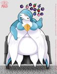  2012 anthro belly berry big_belly breasts chair drooling eating featureless_breasts female food fruit gardevoir hand_on_stomach humanoid nintendo obese open_mouth overweight overweight_female pok&eacute;mon saliva shiny_pok&eacute;mon simple_background sitting solo stomach tongue url video_games watermark wide_hips xx-redandroid-xx 