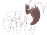  animal_humanoid big_breasts big_butt big_tail breasts butt canine crossed_arms duo female fluffy fluffy_tail fox fox_humanoid holding_tail huge_breasts humanoid kiri_(sub-res) mammal monochrome nude raised_tail rear_view simple_background sketch sub-res suzu_(sub-res) touch_fluffy_tail white_background 