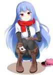  :3 blue_hair blush boots buttons chocolate closed_mouth cross-laced_footwear damao_yu eyebrows_visible_through_hair full_body gloves heart highres hinanawi_tenshi lace-up_boots long_hair long_sleeves looking_at_viewer md5_mismatch miniskirt no_hat no_headwear outstretched_arm panties panties_under_pantyhose pantyhose pantyshot pantyshot_(squatting) red_eyes scarf shirt short_over_long_sleeves short_sleeves simple_background skirt smile solo squatting touhou underwear valentine white_background 