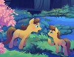  blush brown_hair caramel_(mlp) cutie_mark detailed_background duo earth_pony equine eye_contact female feral friendship_is_magic hair half-closed_eyes hooves horse male mammal my_little_pony open_mouth pony smile standing viwrastupr water 