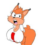  ! angry anthro bent_over big_breasts bottomless breasts bubsy bubsy_(series) cleavage clothed clothing crossgender daredemon7000 feline female huge_breasts lynx mammal nipple_bulge shirt simple_background solo video_games wide_hips 