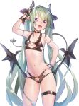  1girl :d \n/ absurdres arm_strap arm_up bangs bare_arms bare_shoulders bikini black_bikini black_gloves breasts choker collarbone commentary_request contrapposto cowboy_shot deluxe&lt;&lt;&lt; demon_girl demon_horns demon_wings eyebrows_visible_through_hair eyes_visible_through_hair fang fingerless_gloves gloves green_hair hand_on_hip heart heart_choker heart_ring heart_ring_bottom heart_ring_top highres horns long_hair looking_at_viewer low_wings navel open_mouth original pointy_ears purple_eyes ryisu_(deluxe&lt;&lt;&lt;) simple_background slit_pupils small_breasts smile solo standing stomach swimsuit thigh_strap twintails v-shaped_eyebrows very_long_hair white_background wings 