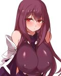  bare_shoulders blush bodysuit breasts commentary_request covered_nipples detached_sleeves embarrassed fate/grand_order fate_(series) huge_breasts long_hair looking_at_viewer purple_bodysuit purple_hair red_eyes scathach_(fate)_(all) scathach_(fate/grand_order) sleeveless solo upper_body very_long_hair yostxxx 