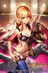  age_of_ishtaria bangle blonde_hair bra bracelet breasts cleavage garter_straps gun jewelry large_breasts looking_at_viewer miniskirt navel official_art ojyou red_eyes removing_jacket sidelocks skirt solo thighhighs tied_hair underwear weapon 