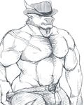  abs anthro bovine bulge cattle clothed clothing looking_at_viewer male mammal mohumohuotou monochrome muscular open_pants pants_down partially_clothed pecs simple_background solo teasing undressing white_background 