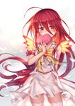  alastor_(shakugan_no_shana) arm_behind_back arm_ribbon ass_visible_through_thighs blush box collarbone covering_mouth dress fiery_wings floating_hair gift gift_box hair_between_eyes heart highres jewelry ks long_hair looking_at_viewer pendant red_eyes red_hair red_ribbon ribbon shakugan_no_shana shana solo standing tareme thighhighs valentine very_long_hair white_background white_dress white_legwear wings 