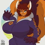  big_breasts big_tail breasts brown_hair buckteeth ear_piercing female fighting_pose fur hair lionalliance long_ears mammal orange_fur piercing purple_jacket rodent roxxan short_hair squirrel standing teeth 