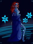  barefoot blue_skin blush breasts clothing eye_patch eyewear fangs female fin fish hair marine partial_nudity red_hair solo undertale undressing undyne video_games yellow_eyes 