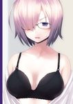  annoyed black_bra bra breasts collarbone dress_shirt fate/grand_order fate_(series) glasses hair_over_one_eye highres mash_kyrielight medium_breasts off_shoulder open_clothes open_mouth purple_eyes purple_hair puyo shirt short_hair solo sweatdrop underwear undressing 