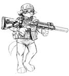  anthro barefoot black_and_white canine english_text eyewear frown goggles gun hat hladilnik male mammal military monochrome ranged_weapon rifle short solo spiritcookie text weapon wolf 
