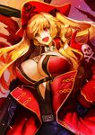  1girl anne_bonny_(fate/grand_order) belt blonde_hair breasts cleavage coat cravat fate/grand_order fate_(series) hair_ornament hat large_breasts long_hair open_mouth red_eyes ribbon rifle skirt smile solo twintails weapon 