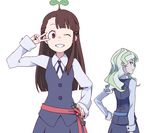  asymmetrical_bangs bad_id bad_pixiv_id bangs blonde_hair blue_eyes brown_hair diana_cavendish grin hand_on_hip kagari_atsuko leaf leaf_on_head light_green_hair little_witch_academia long_hair looking_at_viewer looking_back luna_nova_school_uniform multicolored_hair multiple_girls needle_(needlebomb) red_eyes sash school_uniform smile two-tone_hair 