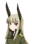  animal_ears bags_under_eyes bangs blonde_hair blunt_bangs closed_mouth green_jacket grete_m_gollob jacket long_hair looking_at_viewer military military_uniform red_eyes simple_background solo standing uniform upper_body wan'yan_aguda white_background world_witches_series 