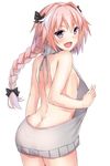  :d androgynous arm_at_side ass astolfo_(fate) back backless_dress backless_outfit bangs bare_arms bare_back bare_shoulders black_bow bow braid breasts butt_crack cowboy_shot dress eyebrows_visible_through_hair fang fate/apocrypha fate_(series) fingernails from_behind grey_dress grey_sweater hair_between_eyes hair_bow hair_intakes halterneck hand_up highres kurenai_(kurenai_pso) legs_together long_hair looking_at_viewer looking_back male_focus meme_attire multicolored_hair naked_sweater no_bra no_panties open_mouth otoko_no_ko pink_hair purple_eyes ribbed_sweater shoulder_blades sideboob simple_background single_braid sleeveless sleeveless_turtleneck small_breasts smile solo streaked_hair sweater sweater_dress turtleneck turtleneck_sweater v virgin_killer_sweater white_background white_hair 