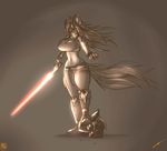  5_fingers anthro big_breasts breasts equine fan_character female horn lightsaber mammal metalfoxxx midriff my_little_pony navel simple_background solo standing star_wars unicorn wide_hips yellow_eyes 