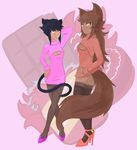  2017 animal_humanoid breasts butt canine cat_humanoid cat_tail chirei cleavage clothed clothing duo feline female footwear fox fox_humanoid fox_tail hand_behind_head hand_on_hip high_heels humanoid imoya indonesianbob68 keyhole_turtleneck legwear mammal pink_background shoes simple_background sohmder stockings sweater yellow_eyes 