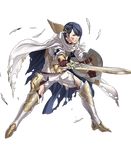  alfonse_(fire_emblem) armor blonde_hair blue_eyes blue_hair boots cape feathers fire_emblem fire_emblem_heroes full_body gloves hair_ornament highres injury kozaki_yuusuke male_focus multicolored_hair official_art shield solo sword teeth transparent_background two-tone_hair weapon 